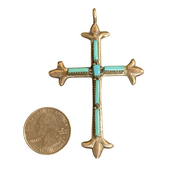 Zuni Artist G&L Leekity Pendant Sterling Silver and Turquoise Large Cross - Picture 5 of 7